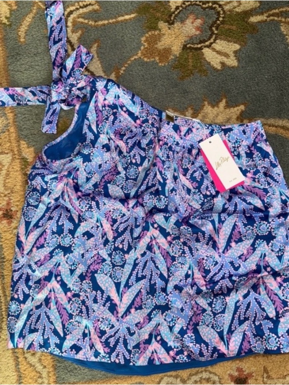 Lilly Pulitzer Bexler One Shoulder Navy Tank with Pink & Light Blue Floral Print
